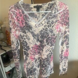 INC International Concepts Pink and Gray Floral Long Sleeve Top